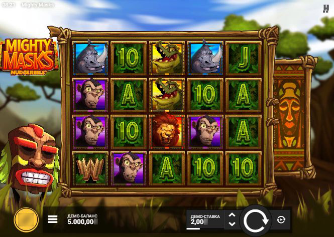 Визуальное оформление игрового поля слота Mighty Masks