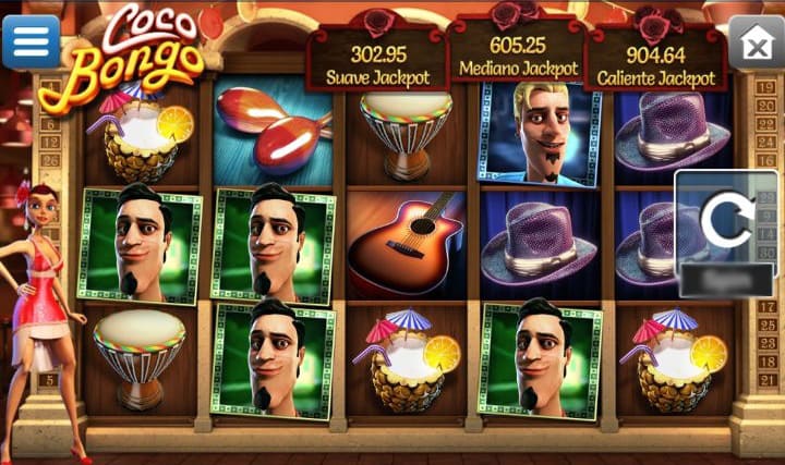 Заставка игрового автомата Coco Bongo с музыкальной сценой и яркими символами