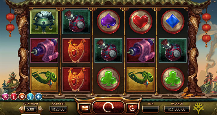 Барабаны слота Monkey King с тематическими символами и декоративными колоннами