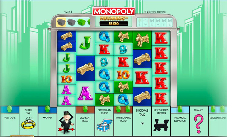 Игровое поле Monopoly Megaways с барабанами и интерактивным треком внизу