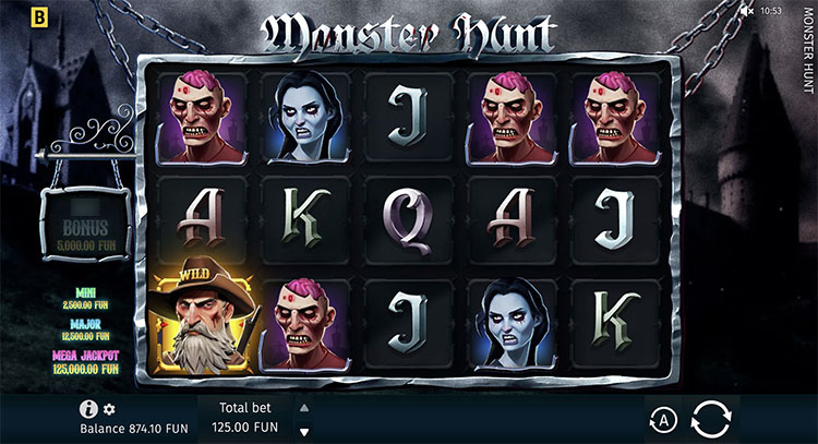 Охотник на монстров на фоне мрачного кладбища в слоте Monster Hunt