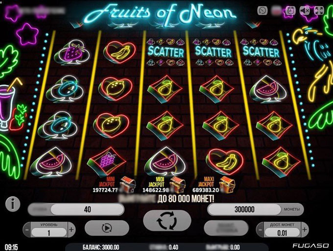 Скриншот игрового автомата Fruits Of Neon на ярком неоновом фоне