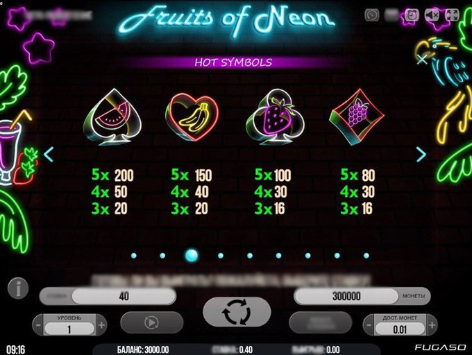 Неоновые фрукты и символы 7 на барабанах слота Fruits Of Neon крупным планом