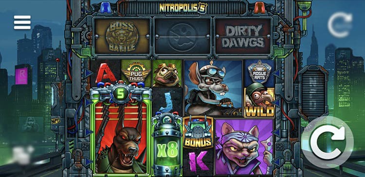 Игровой автомат Nitropolis 5 на экране компьютера с главными бандами и Nitro Reels
