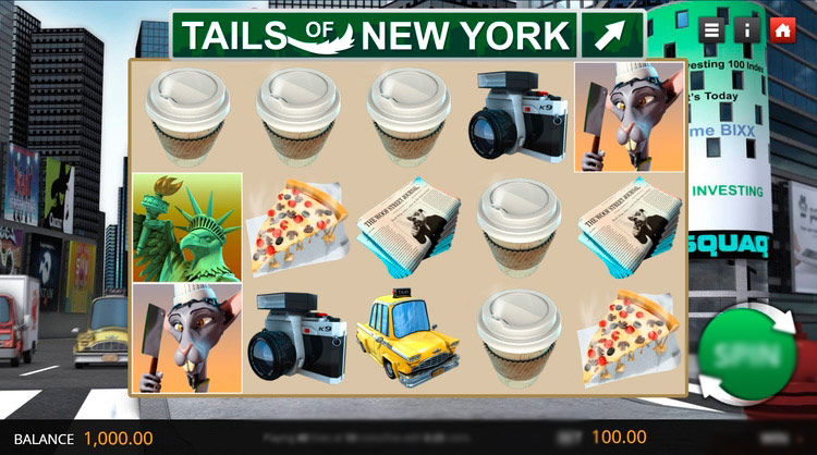 Игровой автомат Tails Of New York — главный экран с барабанами на фоне улиц Нью-Йорка