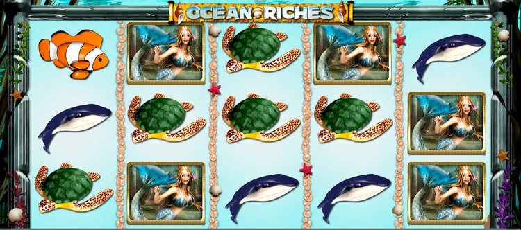 Игровой автомат Ocean Riches с русалкой, морскими символами и пятью барабанами на синем океаническом фоне