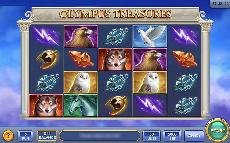Игровое поле слота Olympus Treasures с греческими богами и символами сокровищ