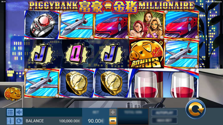 Интерфейс игрового автомата Piggy Bank Millionaire с изображением барабанов и символов роскоши