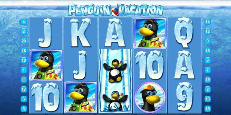 Игровой автомат Penguin Vacation с пингвинами, барабанами 5x3 и зимней атмосферой