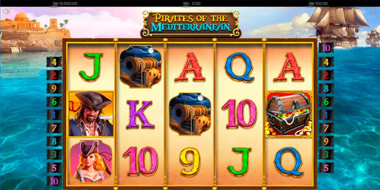 Скриншот игрового автомата Pirates Of The Mediterranean на фоне пиратского корабля