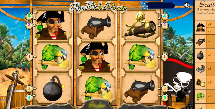 Слот Rich Pirate с полем 3×3, пиратским кораблем, сундуком с сокровищами и пиратским флагом на фоне моря