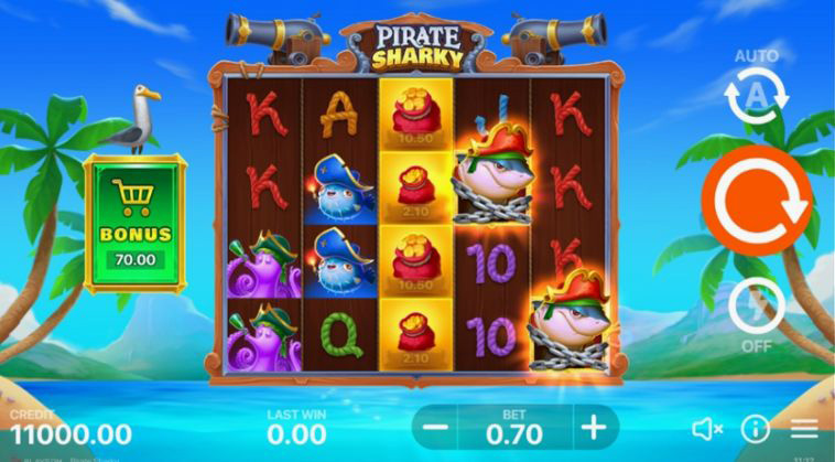 Игровое поле слота Pirate Sharky с символами акулы, ската и сундуков