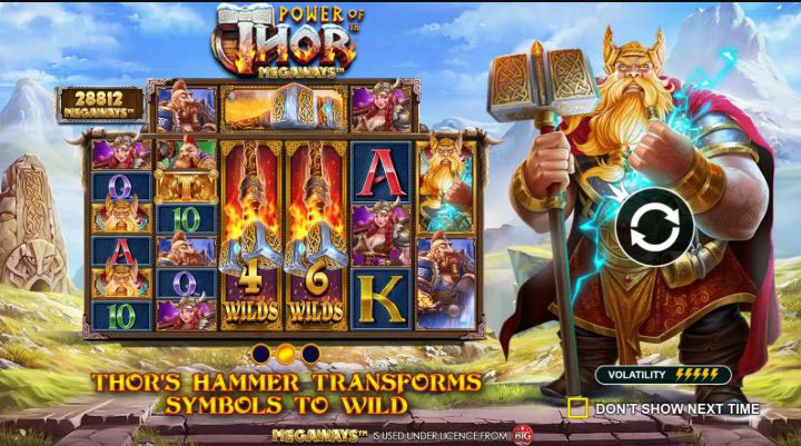 Главный экран автомата Power of Thor Megaways на фоне скандинавских гор