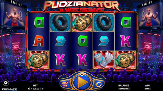 Игровой автомат Pudzianator - главный экран с барабанами и ареной MMA