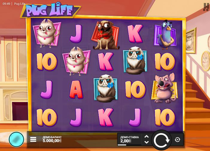 Игровое поле слота Pug Life с символами животных и угощений