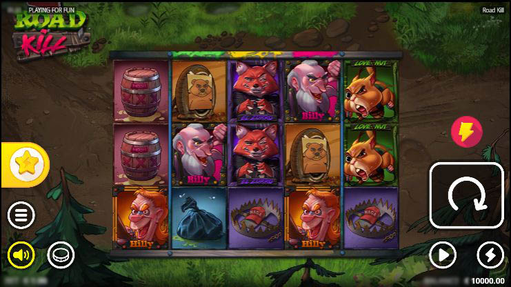 Интерфейс слота Roadkill с барабанами и персонажами в разбитой трассе