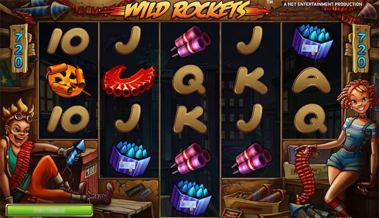 Интерфейс слота Wild Rockets с панелью управления и яркими барабанами