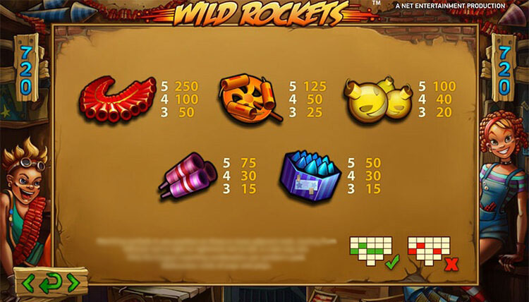 Символы слота Wild Rockets с яркими фейерверками и карточными значениями