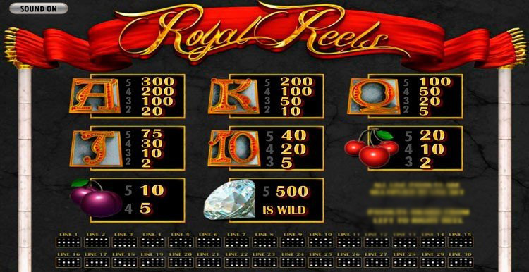 Экран демо-режима Royal Reels с отображением баланса, ставки и активных линий выплат.