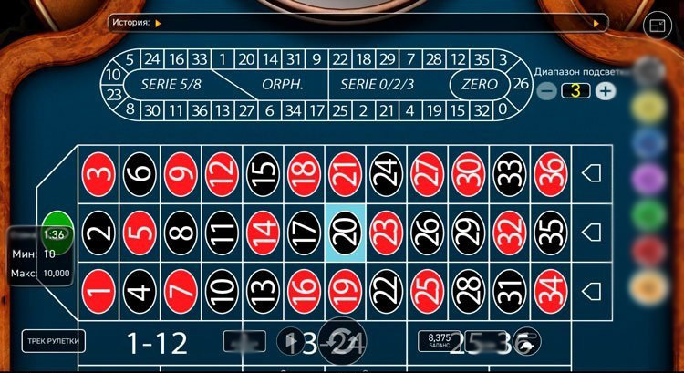 Скриншот интерфейса Gold Roulette с открытым треком Racetrack и фишками на столе