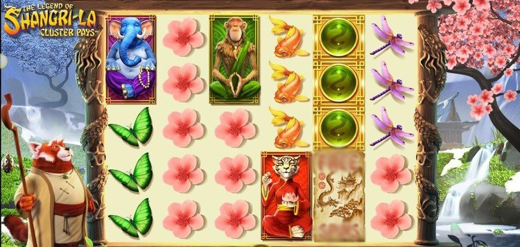 Игровой автомат Shangri La от Capecod Gaming — скриншот игрового поля с символами дракона, лотоса и горным пейзажем на фоне.