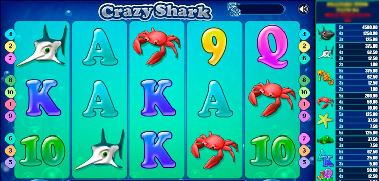 Интерфейс игрового автомата Crazy Shark с основными символам и и кнопками управления