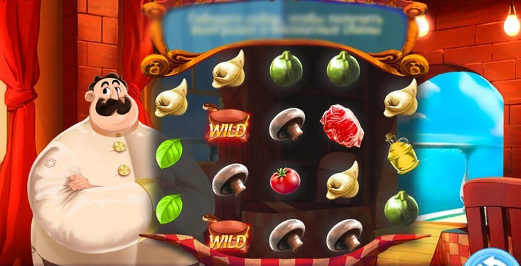 Игровой процесс Mega Chef: барабаны с аппетитными символами еды и кухонной утвари
