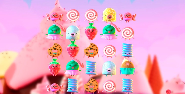 Скриншот игрового поля Sugar Frenzy: 5 барабанов, фруктовые символы и интерфейс ставок