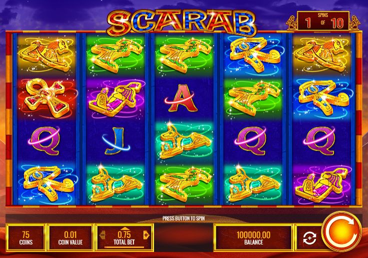 Интерфейс игрового автомата Scarab на фоне египетского храма