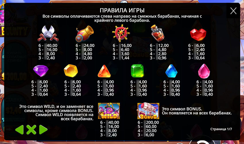 Подробная таблица выплат Sky Bounty с пиратскими символами