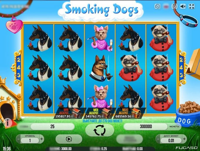 Игровое поле слота Smoking Dogs с барабанами и символами гангстерских собак