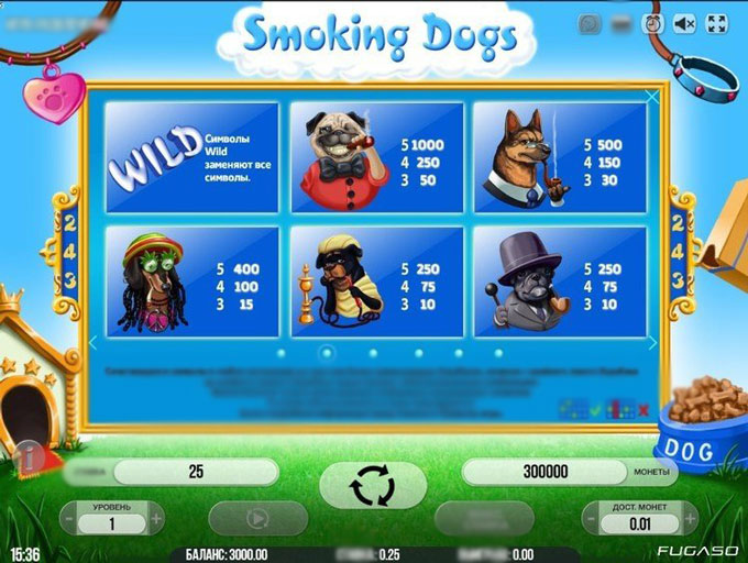 Таблица выплат игрового автомата Smoking Dogs с коэффициентами за каждый символ