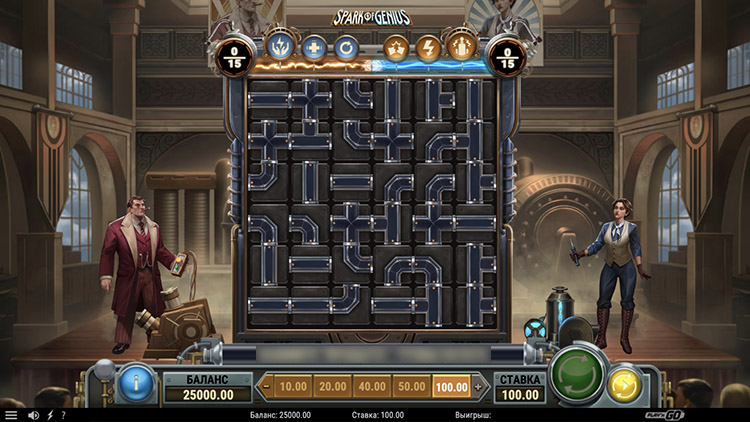 Игровое поле слота Spark of Genius с сеткой 6x6 и персонажами изобретателей