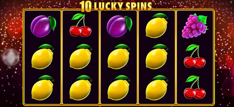 Игровое поле 10 Lucky Spins с фруктами, семерками и звездой Scatter на классическом фоне