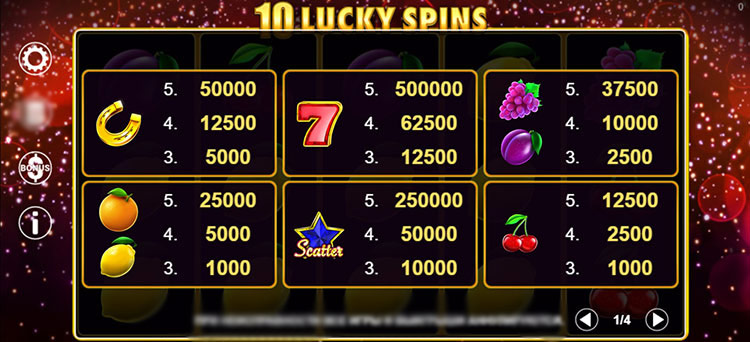 10 Lucky Spins на экране смартфона с фруктами, семерками и звездой Scatter в классическом стиле