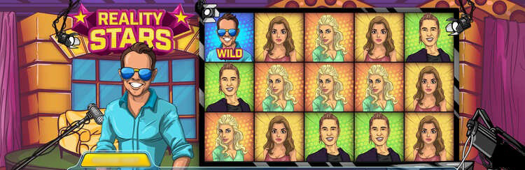 Слот Reality Stars с пятью барабанами, символами шоу и неоновыми огнями сцены на заднем плане