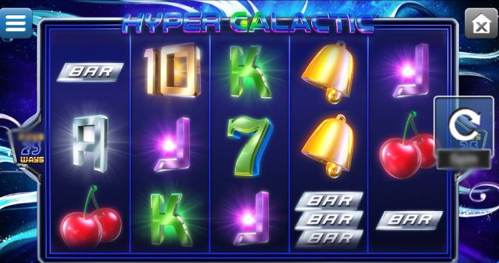 Интерфейс игрового автомата Hyper Galactic с неоновыми барабанами на фоне космоса
