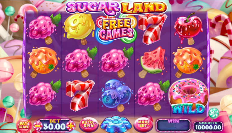 Игровой автомат Sugar Land на экране ноутбука с неоновыми фруктами и символами 777