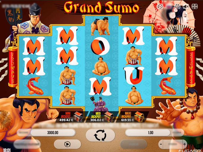 Скриншот игрового автомата Grand Sumo с барабанами и символами борцов