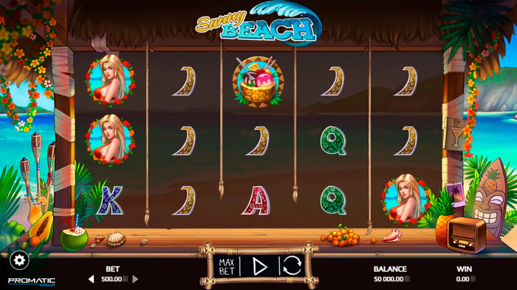 Интерфейс игрового автомата Sunny Beach с пляжными символами