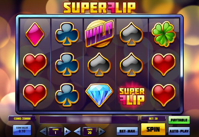 Интерфейс игрового автомата Super Flip с барабанами и сиреневым фоном