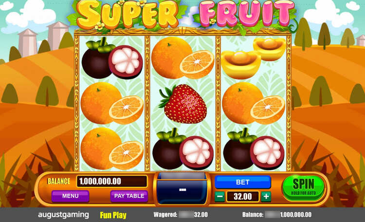 Игровое поле слота Super Fruit с барабанами и фруктовыми символами
