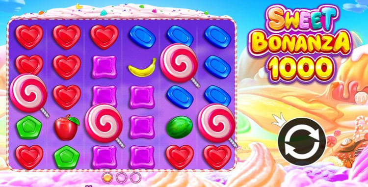 Скриншот Sweet Bonanza 1000: поле 6x5, фрукты и конфеты, видны каскады и множители