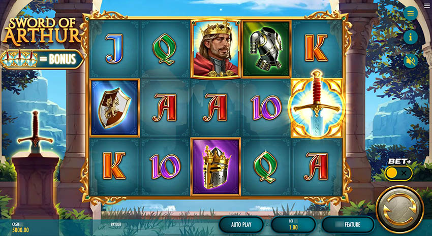 Игровое поле слота Sword of Arthur на фоне средневекового леса