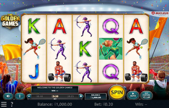 Игровое поле слота The Golden Games с символами различных видов спорта