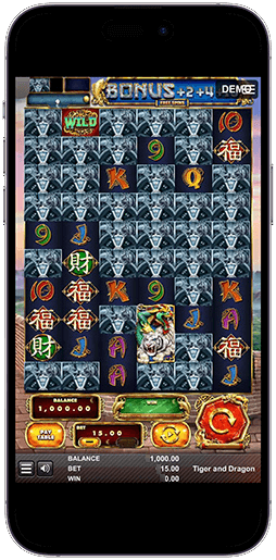 Игровое поле слота Tiger and Dragon на фоне Великой Китайской стены