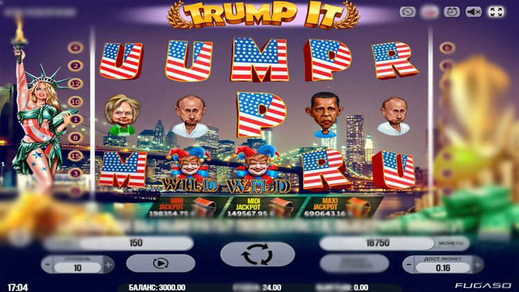 Скрин игрового поля Trump It с политическими персонажами и буквами T R U M P на барабанах
