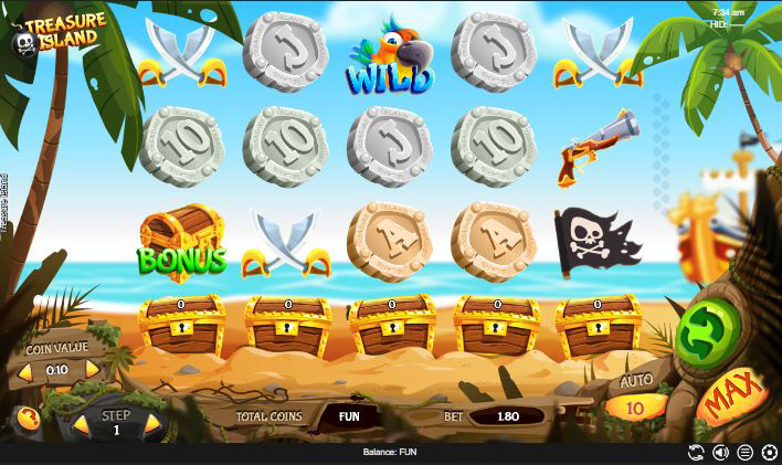 Игровой автомат Treasure Island — барабаны на фоне тропического острова и пиратского корабля