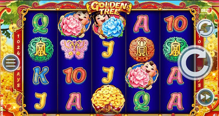Игровое поле Golden Tree — пять барабанов с азиатскими символами на фоне золотого дерева