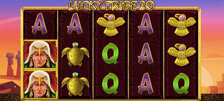Игровое поле Lucky Tribe 20 с племенными масками, храмом и тотемами